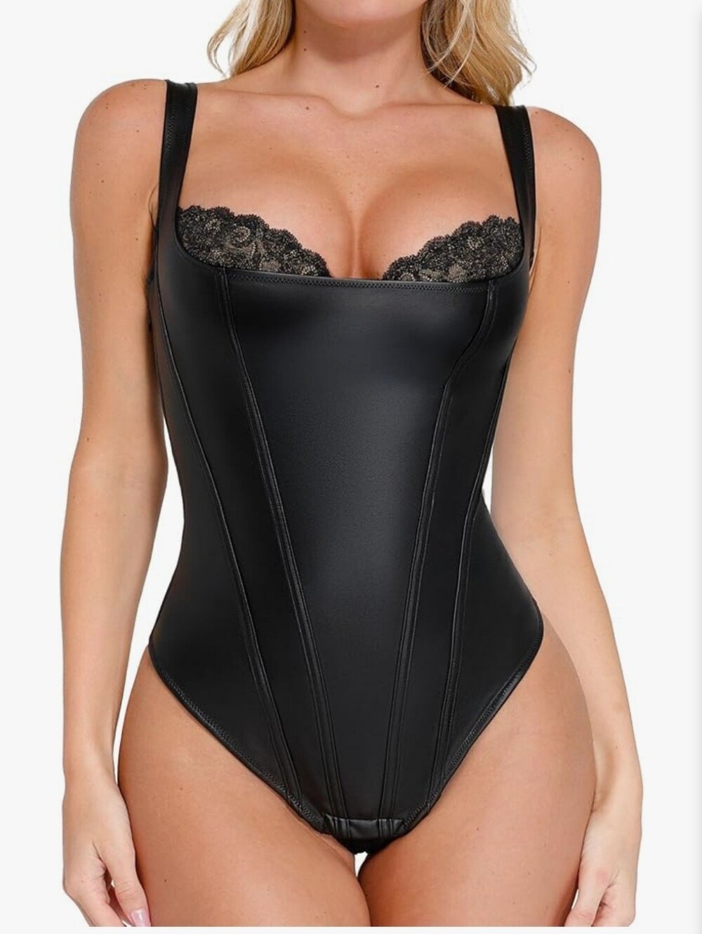 Popilush Faux Leather Lace Corset Bodysuit Shapewear Black Size L NWT